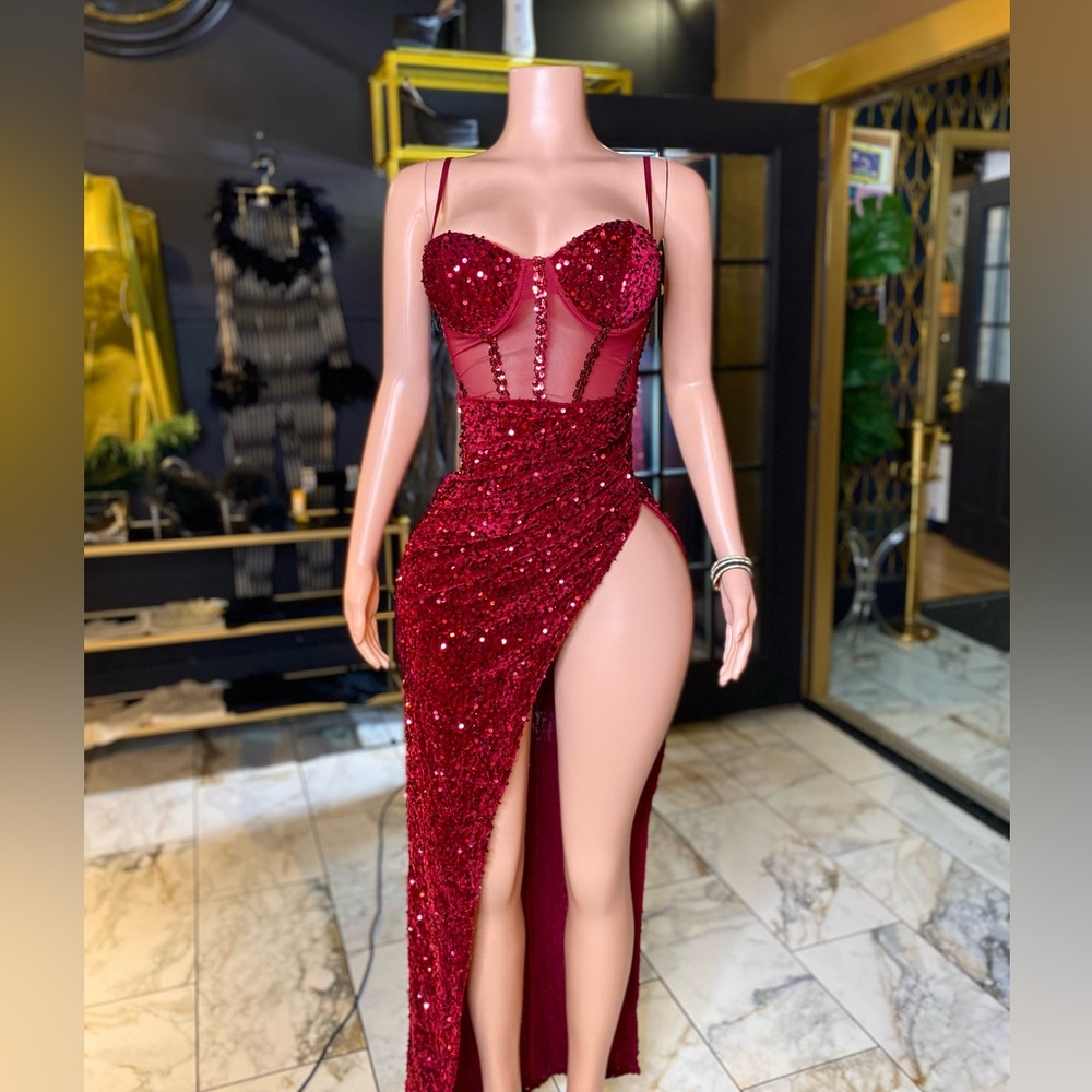 Sequin party gown with corset bodice sheer inserts high split New Year’s Eve